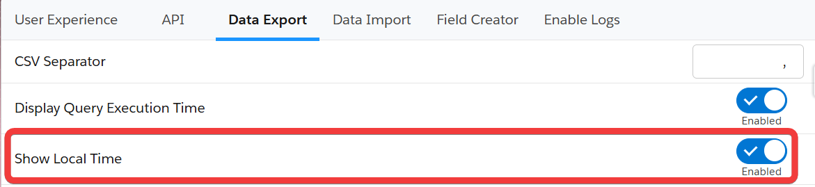 Show local time in data export checkbox option